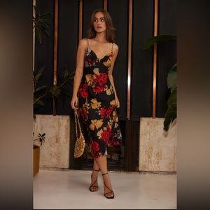 12th Tribe Alexandria Red Printed Satin Midi Dress